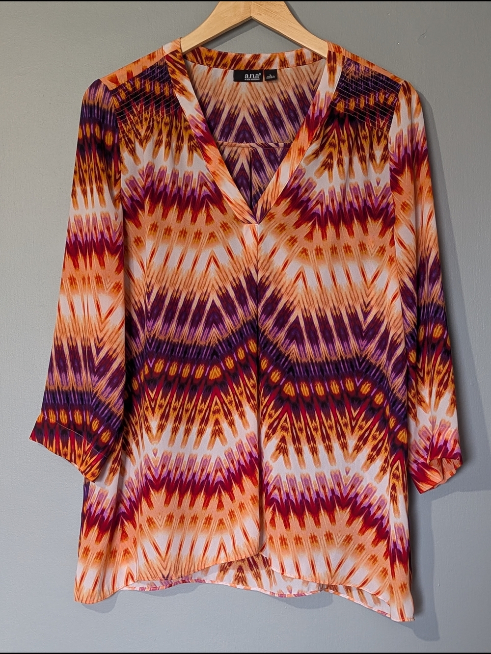 A.N.A Women's 3/4 Sleeve Semi Sheer Colorful Abstract V-Neck Tunic Top